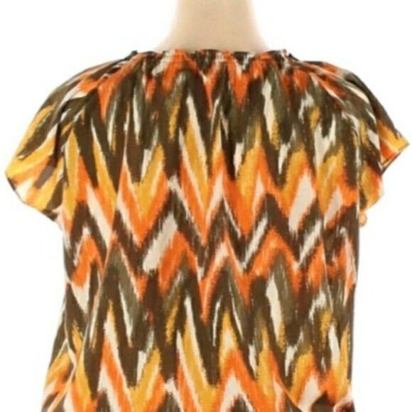 Michael Kors Warm 70's Multi Color Jewel Neck Short Flutter Sleeve Blouse Sz XL - Picture 8 of 12